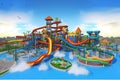 water park with series of wild and crazy slides, including a giant inflatable slide and a looping water slide