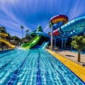 Water park with slides and pools. Generative AI