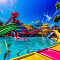 Water park with slides and pools. Generative AI