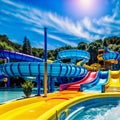 Water park with slides and pools. Generative AI