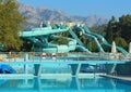 Kemer, Turkey - August 23, 2020: Water park and swimming pool at resort, outdoor aquapark at Daima Biz hotel with water slides. Royalty Free Stock Photo