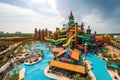 water park with towering slides and interactive water features, surrounded by vibrant and colorful atmosphere