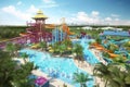 water park with towering slides and interactive water features, surrounded by vibrant and colorful atmosphere