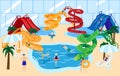 Water park slide vector illustration with people having fun on waterslide and swimming pool in waterpark. Amusement in