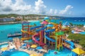 water park with vibrant and colorful slides, surrounded by blue waters