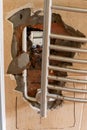 Water pipe burst damage in a bathroom