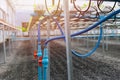 Water pipe valve of supply watering system in hydroponic farm plant nursery greenhouse Royalty Free Stock Photo