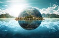 Water, planet and climate change with the earth in a puddle as a symbol of global warming or temperature shift. Created Royalty Free Stock Photo