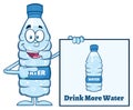 Water Plastic Bottle Cartoon Mascot Character Holding And Pointing To A Banner With Text