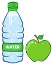 Water Plastic Bottle And Green Apple Cartoon Illustration