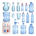 Water in plastic and glass bottles. Vector isolated objects set. Pure mineral water illustration Royalty Free Stock Photo