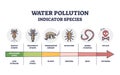 Water pollution indicator species from low to extreme levels outline diagram Royalty Free Stock Photo