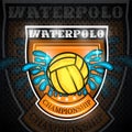 Water polo ball between water splash in center of shield. Vector sport logo on blackboard for any team
