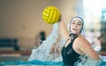 Water polo, cardio and portrait of a woman with a ball for a competition, game and training. Fitness, strong and athlete Royalty Free Stock Photo