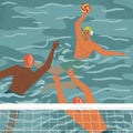 Water polo players in action concept vector illustration. Swimming and water sports. Water polo team play game in Royalty Free Stock Photo