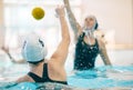 Water polo, sports and team in swimming pool for fitness, exercise and training workout in practice. Professional sport Royalty Free Stock Photo