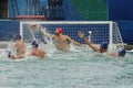 Water Polo Team Greece in white scores during Rio 2016 Olympics Men`s Preliminary Round Group A match against Team Hungary