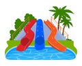 Water pool at aquapark, aqua slide in park design, vector illustration. Waterpark for summer cartoon recreation Royalty Free Stock Photo