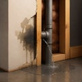 Water pours from a cracked drain pipe inside a wall, soaking the floor and causing visible mold and wall damage. Royalty Free Stock Photo