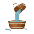 Water pours from a wooden bucket into a basin with a splash.Cartoon style illustration.