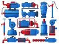 Water pumps, industrial water motor pumping system. Factory water tanks, water pumping compressors vector flat Royalty Free Stock Photo