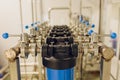 Water purification filter equipment in plant workshop. Royalty Free Stock Photo