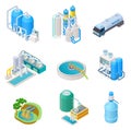 Water purification technology. Isometric treatment water industrial system, wastewater separator vector isolated set Royalty Free Stock Photo