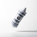 Water purifier filter cartridge floating in mid air on solid white background Royalty Free Stock Photo
