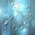 Water rain drops or condensation over blurred background beyond the window realistic transparent 3d  illustration, easy to Royalty Free Stock Photo