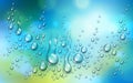 Water rain drops or condensation over blurred green and blue nature background beyond the window, realistic transparent 3d vector Royalty Free Stock Photo