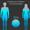 Water ratio in male and female body. Human proportion h2o. Woman and man silhouettes, filled percent 70 % water. Pie chart. gray Royalty Free Stock Photo