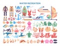 Water recreation activities set. Collection of summer holiday stuff