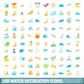 100 water recreation icons set, cartoon style