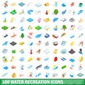 100 water recreation icons set, isometric 3d style Royalty Free Stock Photo