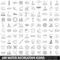 100 water recreation icons set, outline style