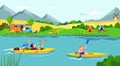 Water recreation vacation in river, summer boat sport for people kayak activity vector illustration. Man woman character