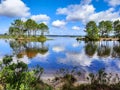 Water reflection in blue summer sky at Lacanau lake in France Royalty Free Stock Photo