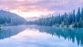 Water reflection of Cascade lake with morning mist and sunrise , Banff National park