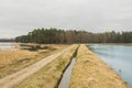 Breeding ponds in the forest. Causeway. View from the drone. Royalty Free Stock Photo