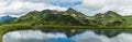 Panorama of water reservoir for providing snowmaking to ski slopes in winter in alpen ski resort Obertauern in summer