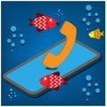 Water resistance phone. fish call in water. Vector illustration design.