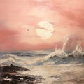 Romantic Moonlit Seascapes: Pink And Gray Ocean Waves Oil Painting