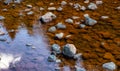 Water running down the river around rocks.