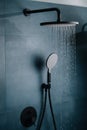 Water running from top overhead showerhead. In a plumbing shop as demonstration Royalty Free Stock Photo