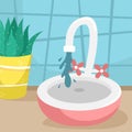 Water runs from the tap to the bathroom sink. Flat vector illustration Royalty Free Stock Photo