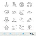 Water safety and watercraft related vector line icon set