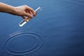 Water sample. Hand collects water to explore. Concept - water purity analysis, environment, ecology. Water testing for infections