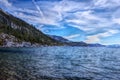 Sand Harbor beach with unique cloud formations. Lake Tahoe, Nevada side. HDR image. Royalty Free Stock Photo