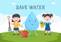 Water Saving Templates Hand Drawn Flat Cartoon Illustration for Mineral Savings Campaign with Faucet and Earth Concept Royalty Free Stock Photo