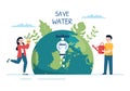 Water Saving Templates Hand Drawn Flat Cartoon Illustration for Mineral Savings Campaign with Faucet and Earth Concept Royalty Free Stock Photo